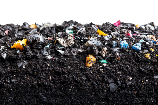 Close-up of textured soil mixed with colorful plastic debris, illustrating pollution issues and environmental concerns.