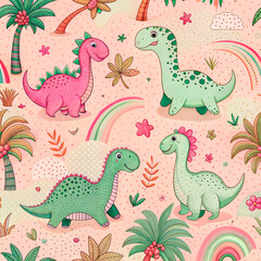 Seamless pattern with friendly dragons and decorative elements for children’s decor and textiles