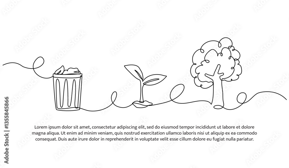 Poster continuous one line design of waste to tree growth. minimalist style vector illustration on white ba