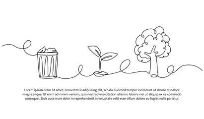Continuous one line design of waste to tree growth. Minimalist style vector illustration on white background.