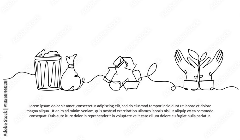 Poster continuous one line design of waste management concept. minimalist style vector illustration on whit