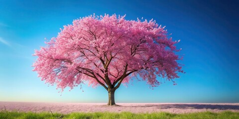 Vibrant pink cherry blossom tree stands alone against a clear blue sky with delicate branches and soft petals scattered on the ground, spring landscape, pink cherry blossom tree