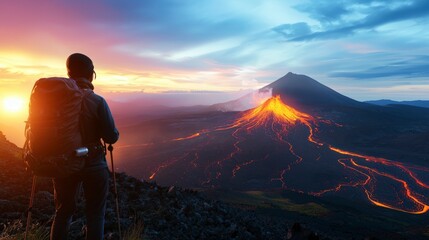 Hiker Silhouetted Against Erupting Volcano at Sunset