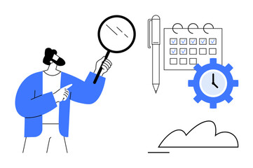 Person holding magnifying glass analyzing notebook calendar with gear clock and pen. Ideal for planning, scheduling, organization, analysis, productivity, time management, and efficiency. Flat simple