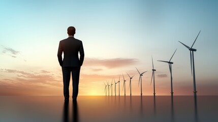 Businessman Contemplating Sustainable Energy  Wind Turbines Sunset