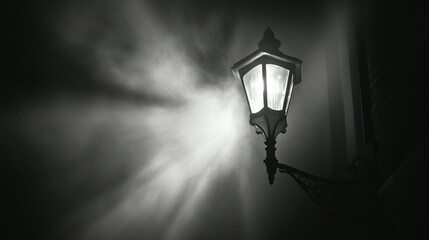 A bright street lamp illuminates the surrounding misty atmosphere in the night