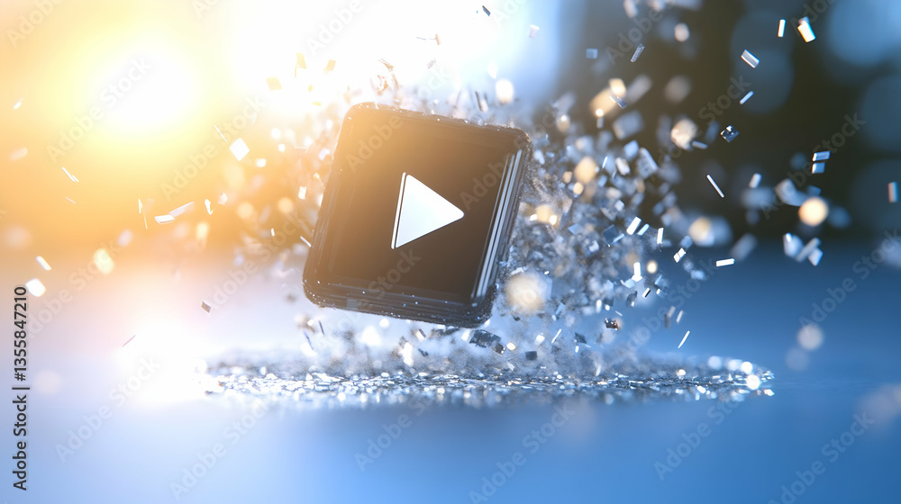 Poster abstract black play icon cube shattering with explosion of fragments on blue surface in bright studi