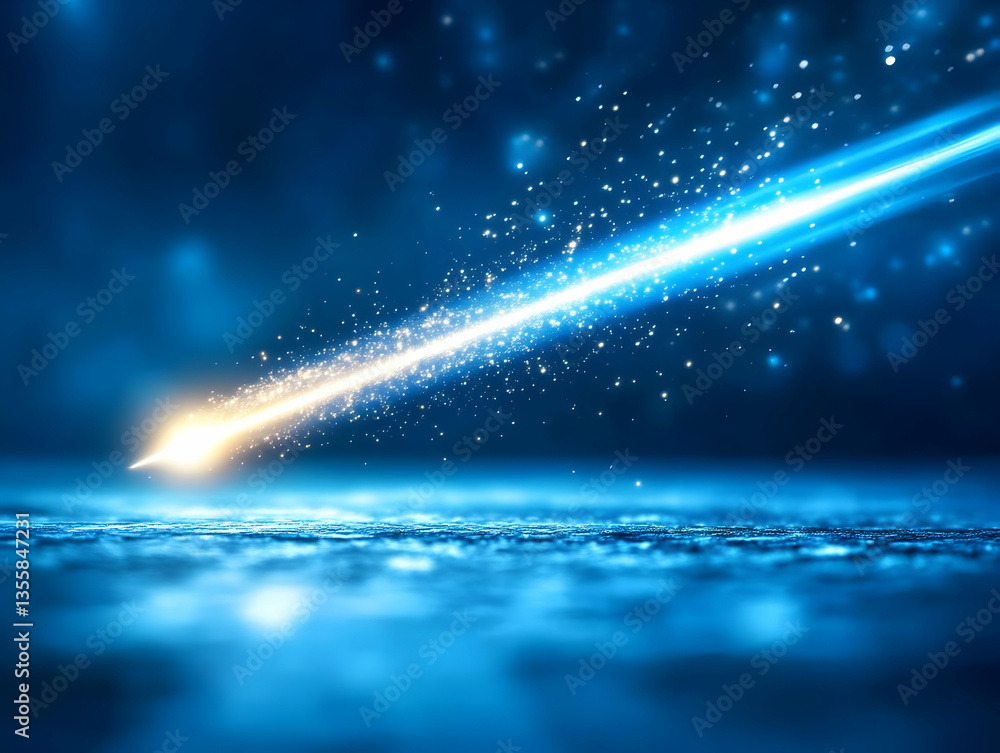 Poster abstract arrow of light with golden sparkles in a dark blue hued background with a shiny abstract ef