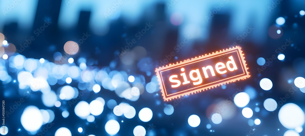 Poster abstract blue bokeh city light with geometric signed glowing decoration on dark backdrop with futuri