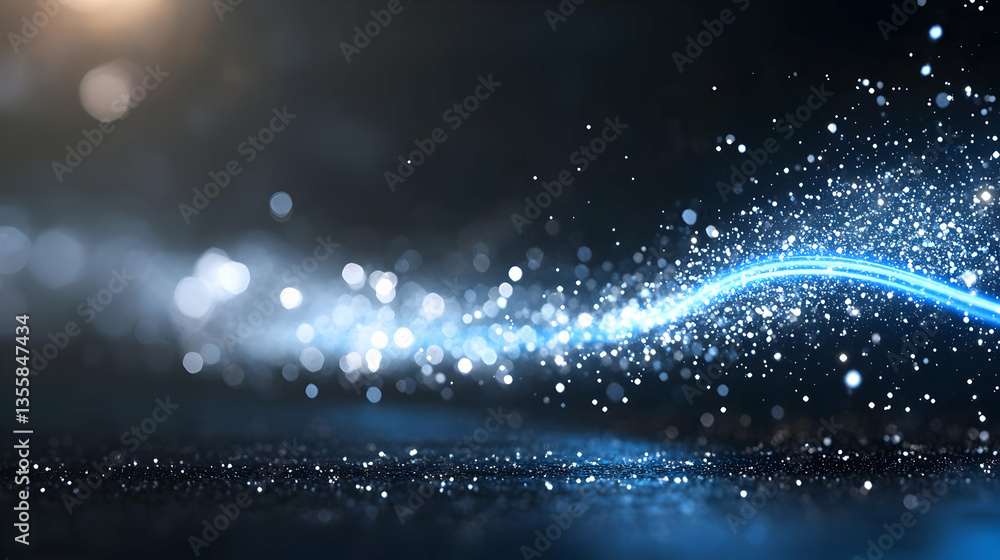 Poster abstract blue light streaks on a dark glittering surface with bokeh effects creating a futuristic an