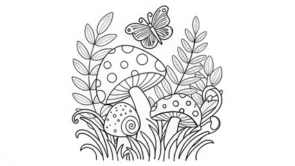 Obraz premium Coloring book page for adults. Black and white illustration of an amanita mushroom, shell, and butterfly among plants