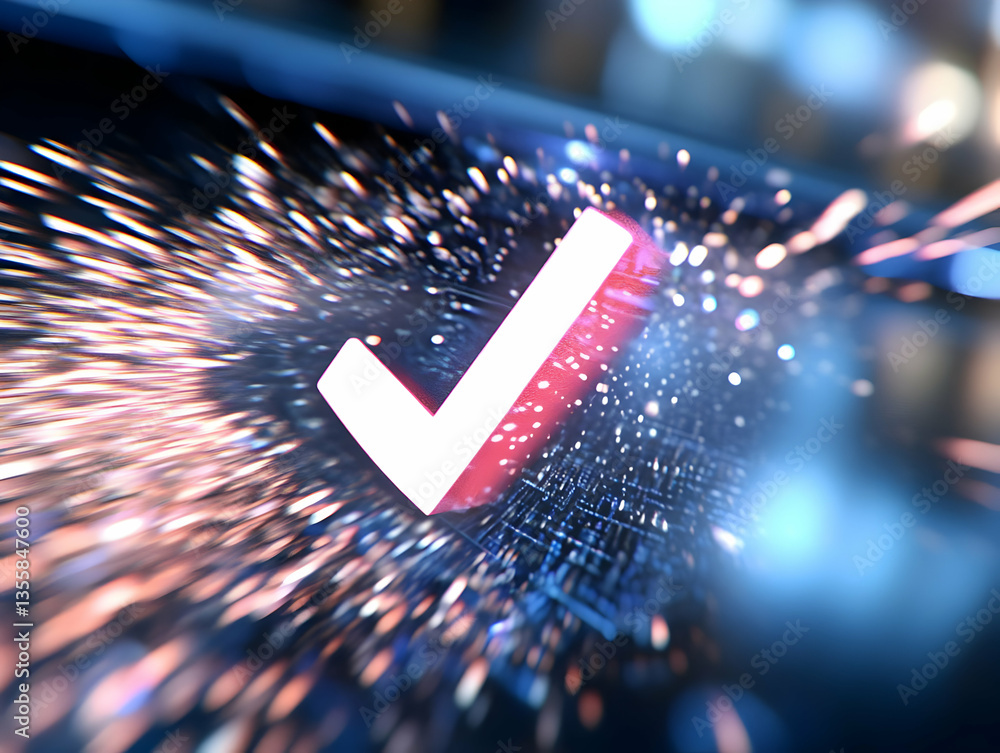 Aufkleber abstract check mark glowing with digital light streams on a dark blue futuristic background success 