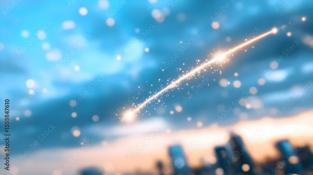 Poster abstract celestial light sparkle trail overlays cityscape background with glowing effect and bokeh i