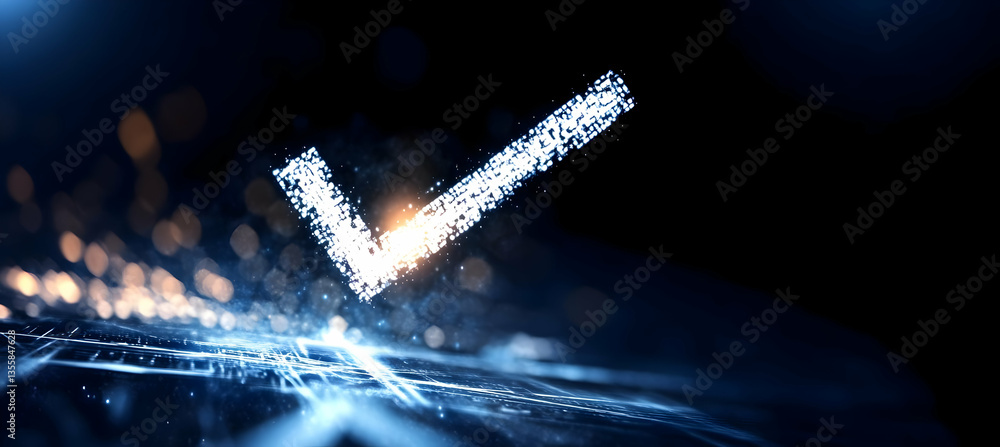 Poster abstract check mark icon with blue light trails on black background for digital approval and technol