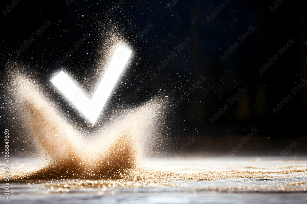 Poster abstract check mark symbol emerging from golden sand dust with dark background and motion blur effec