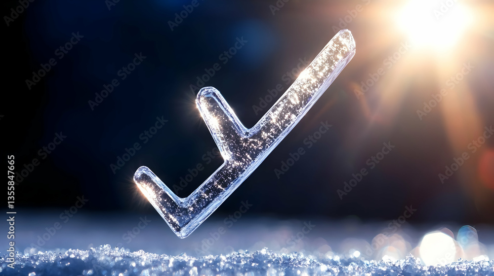 Poster abstract checkmark symbol in blue icy texture against dark background under bright sunlight represen