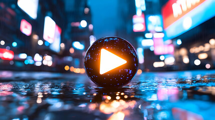 Abstract Cityscape at Night with Wet Surfaces and Illuminated Play Symbol Orb Centered in the Frame Featuring a Vibrant Glowing Effect Under Dark Blue Lighting Conditions