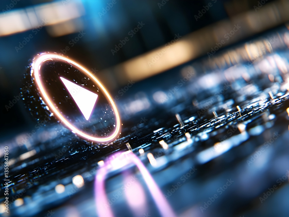 Poster abstract digital play button with glowing neon edges on futuristic circuit board background with blu