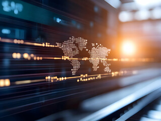 Abstract Digital World Map Overlapping Technological Network Lines and Global Communication System in Blue and Orange Tones for Modern Business on Data Background