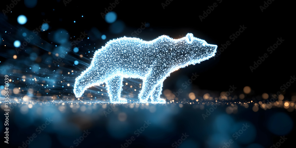 Poster abstract glowing bear silhouette on dark background with digital particle effects in blue and yellow