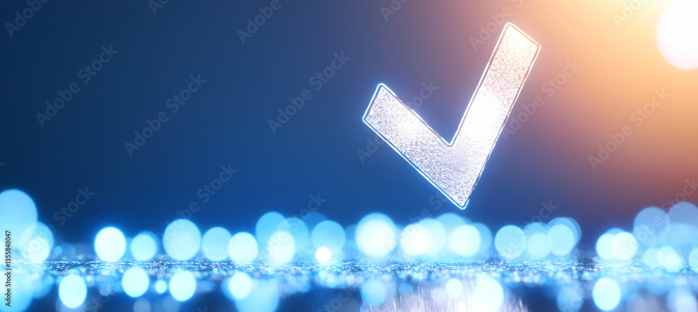 Aufkleber abstract glowing check mark on blue bokeh background represents approval and success in a modern and