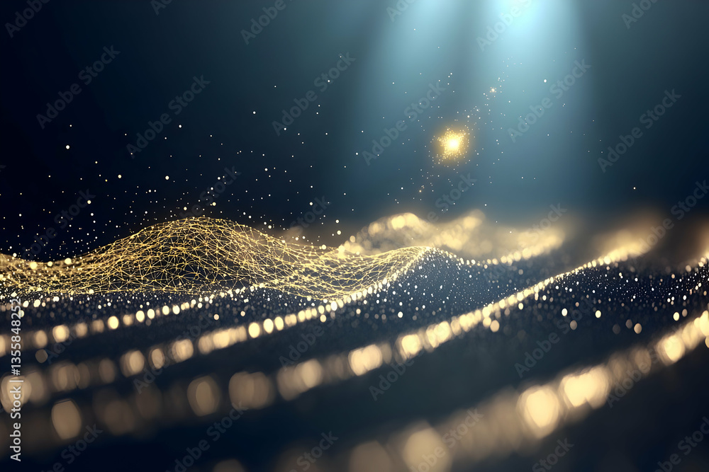 Aufkleber abstract golden glittering particle wave with bokeh effect and blue light burst against a dark backg