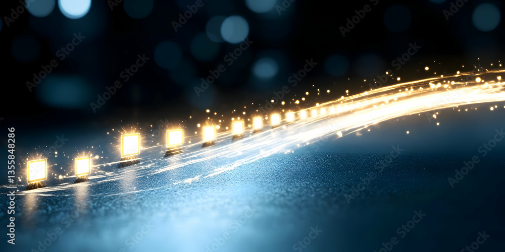 Poster abstract golden led strip lights on dark blue surface with bokeh effects festive and decorative desi