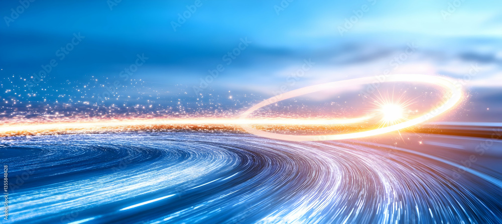 Poster abstract light streaks in blue and gold against blurred gradient sky backdrop representing high spee
