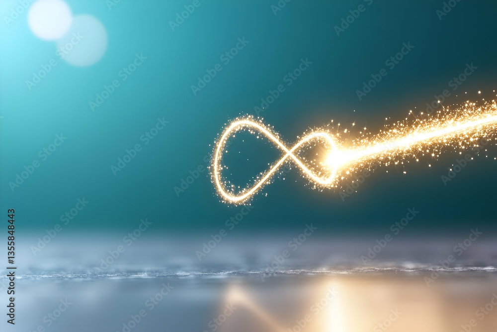 Poster abstract infinity symbol with golden sparkles on turquoise background and reflective surface in stud