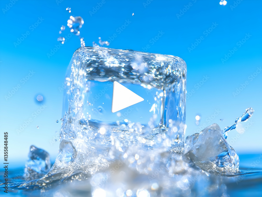 Poster abstract ice cube splashing in water under bright light against blue sky freshness and refreshment i