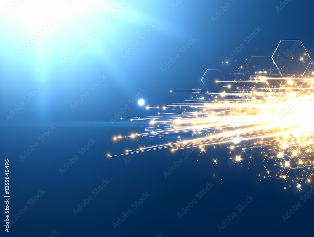 Poster abstract light streaks against deep blue gradient with geometric accents and dynamic lines creating 
