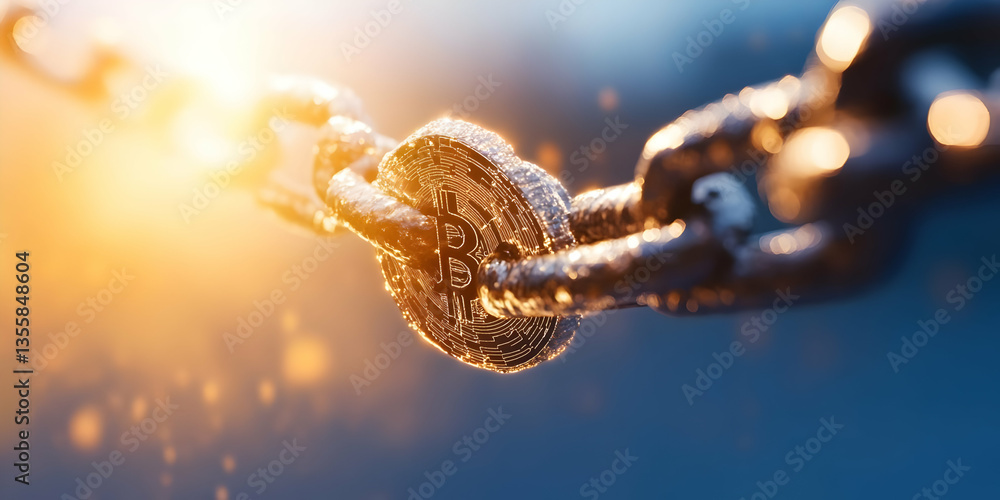 Poster abstract metallic chain links in golden light on blue background representing connection security an