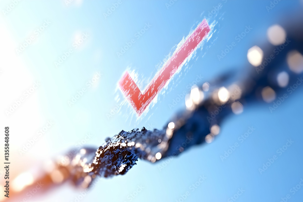 Aufkleber abstract metallic check mark symbol over textured strand on light blue background signifying success
