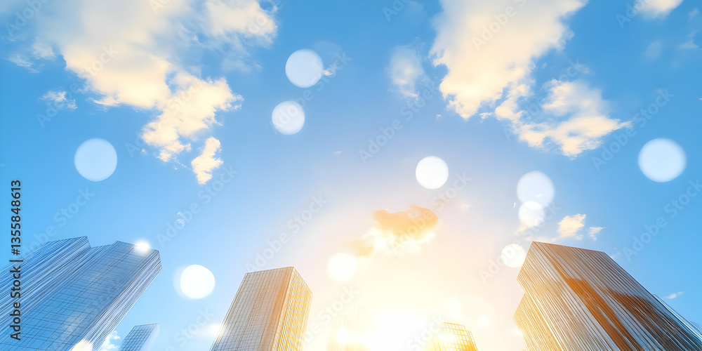 Poster abstract modern architecture under blue sky with white clouds perspective view of futuristic buildin