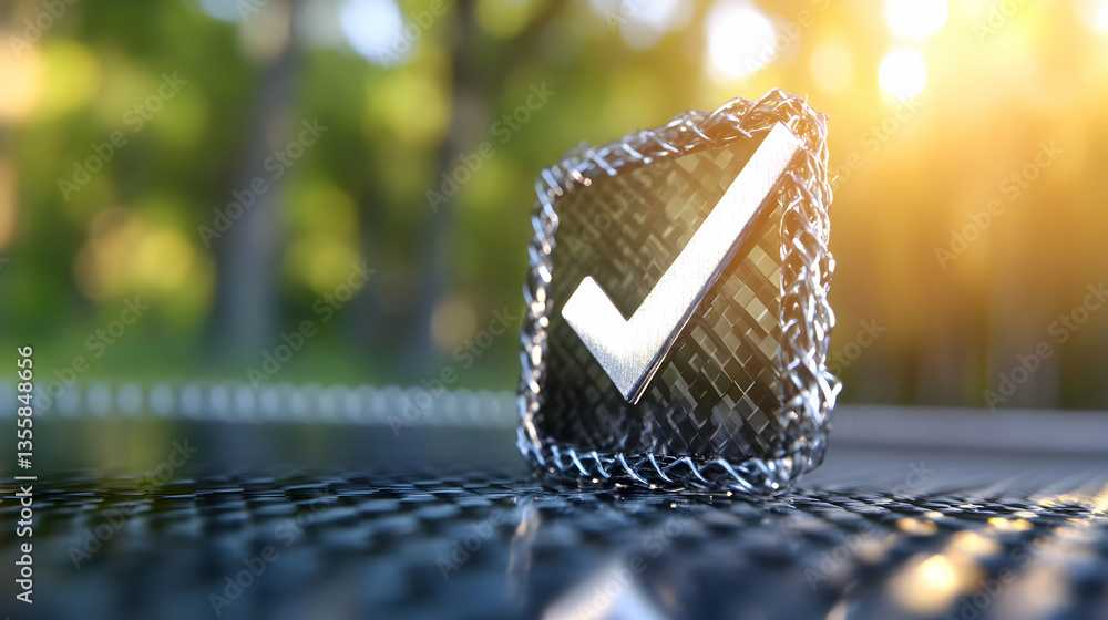 Aufkleber abstract metallic cube with white check mark symbol on reflective surface under sunlight in green fo