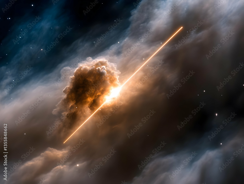 Poster abstract nebula cloud formation with glowing light beam in dark space background depicting cosmic un