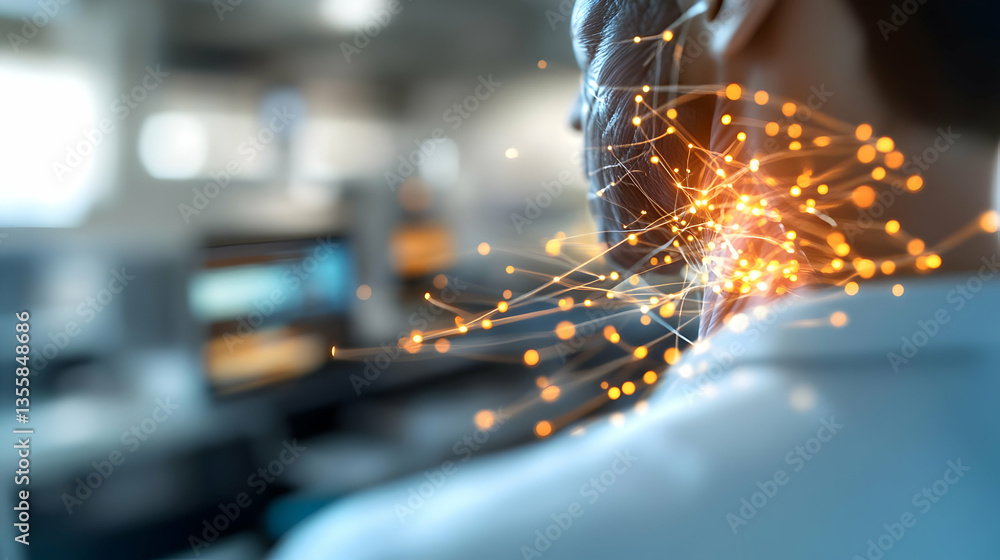 Poster abstract network connection on man neck with glowing orange dots and lines in a blurred office envir
