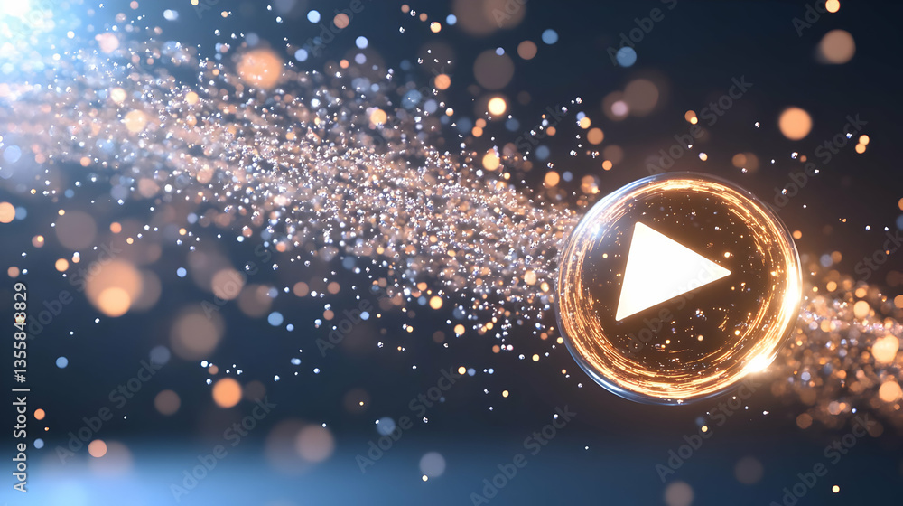 Poster abstract play button with glowing golden particles in a dark blue background with defocused lights d
