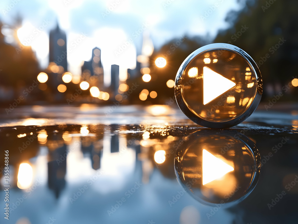 Poster abstract play symbol reflected on wet pavement at twilight with blurred cityscape background urban n