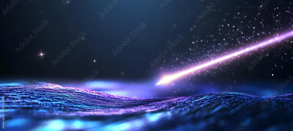 Poster abstract space scene featuring a shooting star over wavy blue particle surface with dark background 