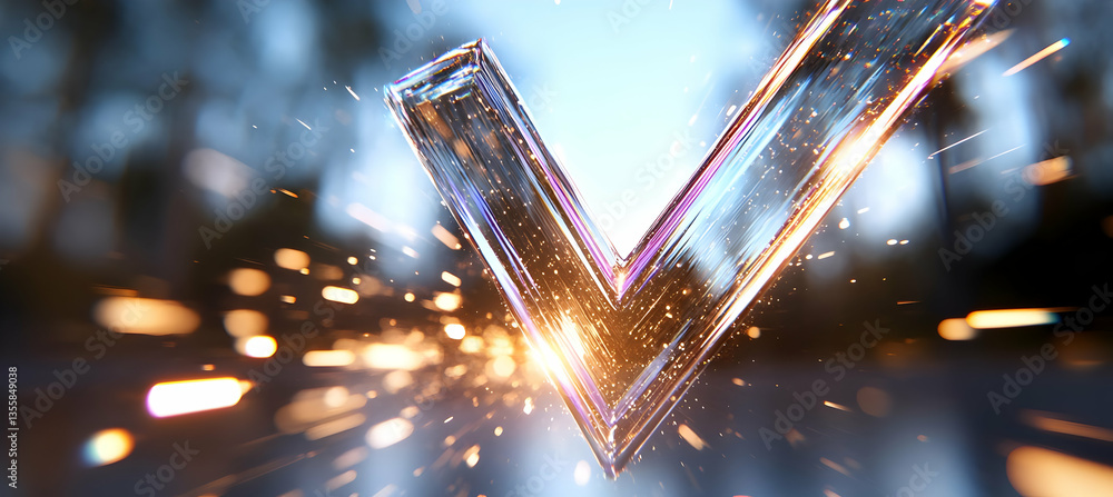 Poster Abstract Sparkling Check Mark with Golden Sparks on Blurred Light Blue Background Symbolizes Approval Modern Minimal Design for Digital Applications and Websites
