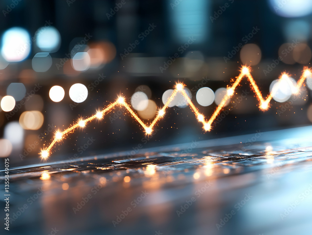 Poster abstract sparkly graph overlay on dark cityscape background demonstrating business growth and financ