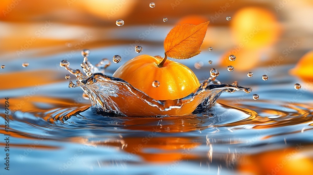 Poster orange fruit splashing into water, creating a crown splash with a leaf.