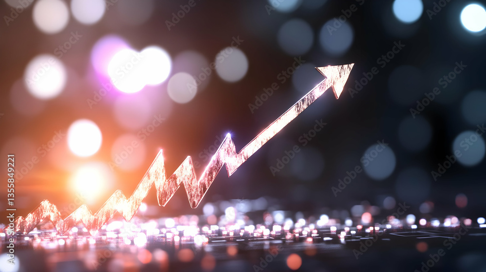 Poster abstract upward arrow symbolizing business growth with bokeh lights on a dark background in a dynami