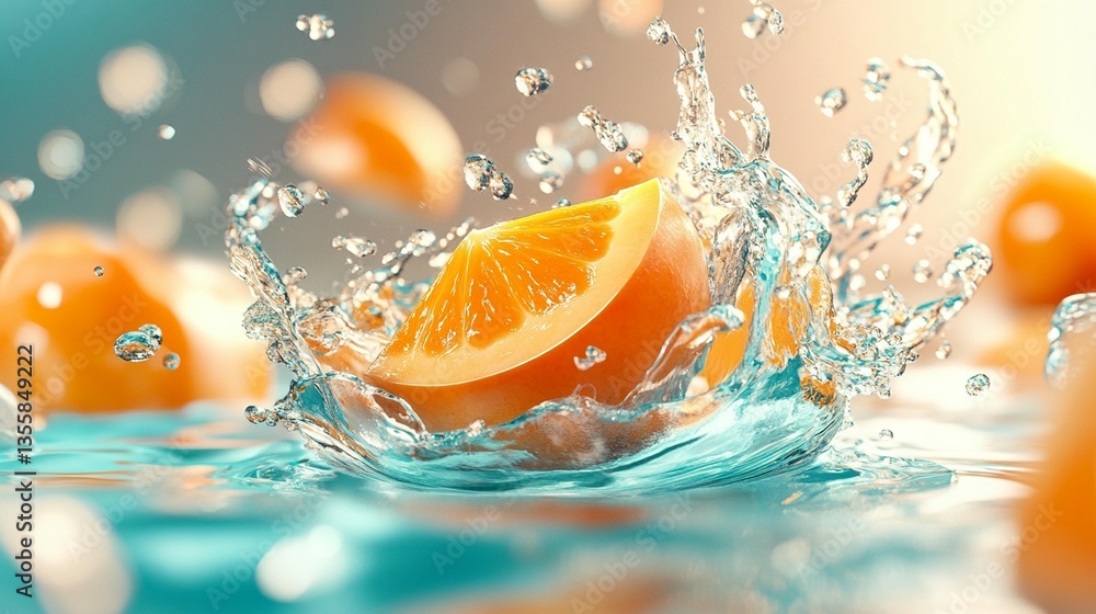 Poster orange slice splashing into water, creating a vibrant wave with droplets.