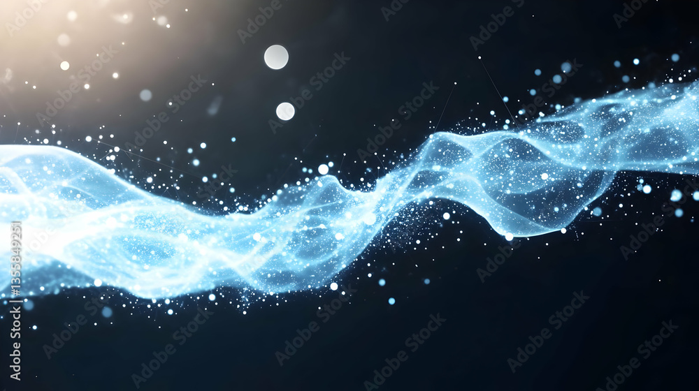 Poster abstract wavy blue light stream with particle on dark background for presentation banner or wallpape
