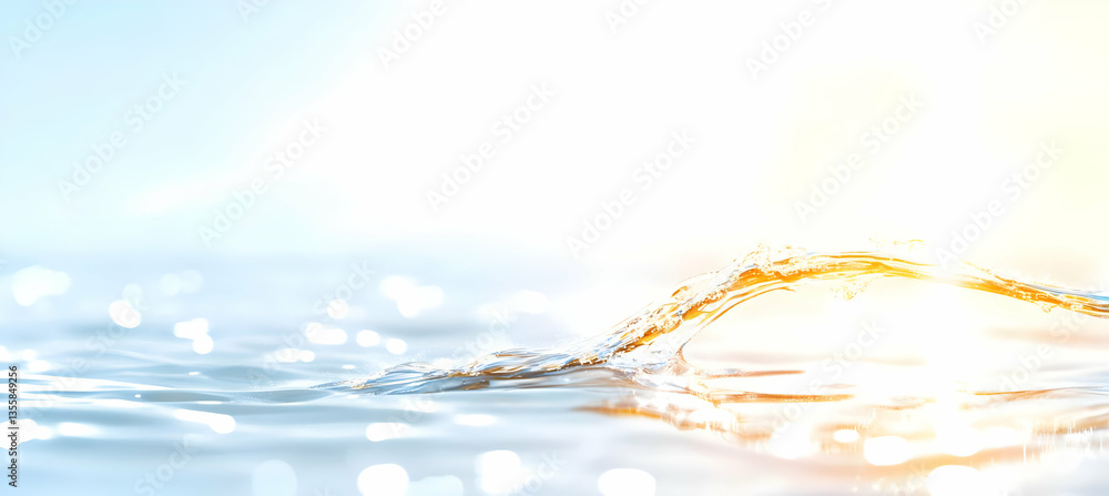 Poster abstract water surface with golden wave on light blue background with bokeh highlights in a dynamic 