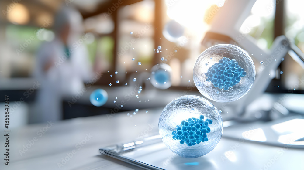 Poster abstract transparent cells in white lab with blurred scientist in background biomedical scientific c
