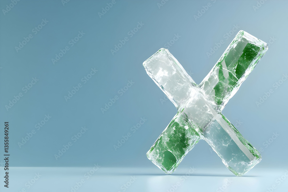 Poster abstract transparent glass cross shape on pale blue background with geometric structure in digital r