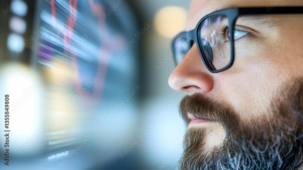 Poster bearded man in glasses analyzing stock market data on screen display with blue and white graphs char